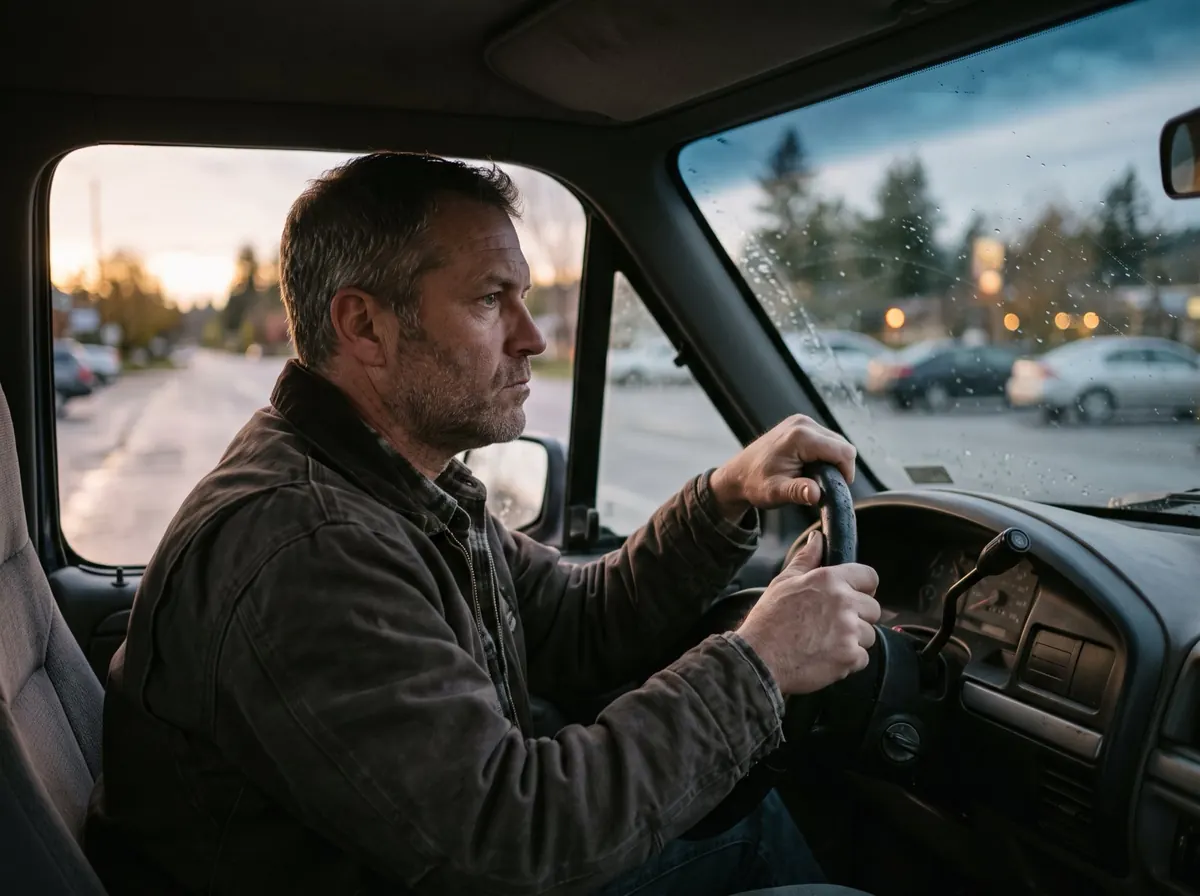 A man sitting alone in a parked truck at dusk, both hands still on the steering wheel, jaw set, looking straight ahead