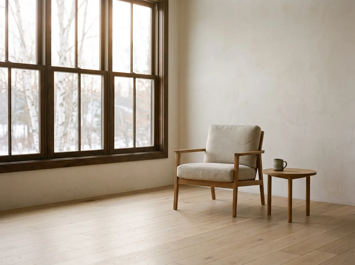 An empty wooden armchair with a linen cushion beside a tall window in a quiet room, warm morning light across a pale oak floor