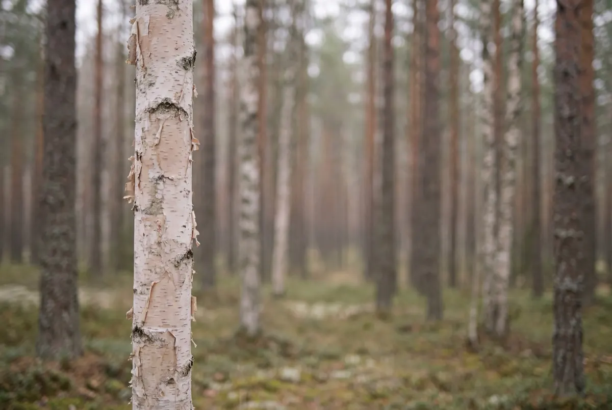 Pale birch trunks in a northern forest under soft overcast light, the trees behind falling out of focus
