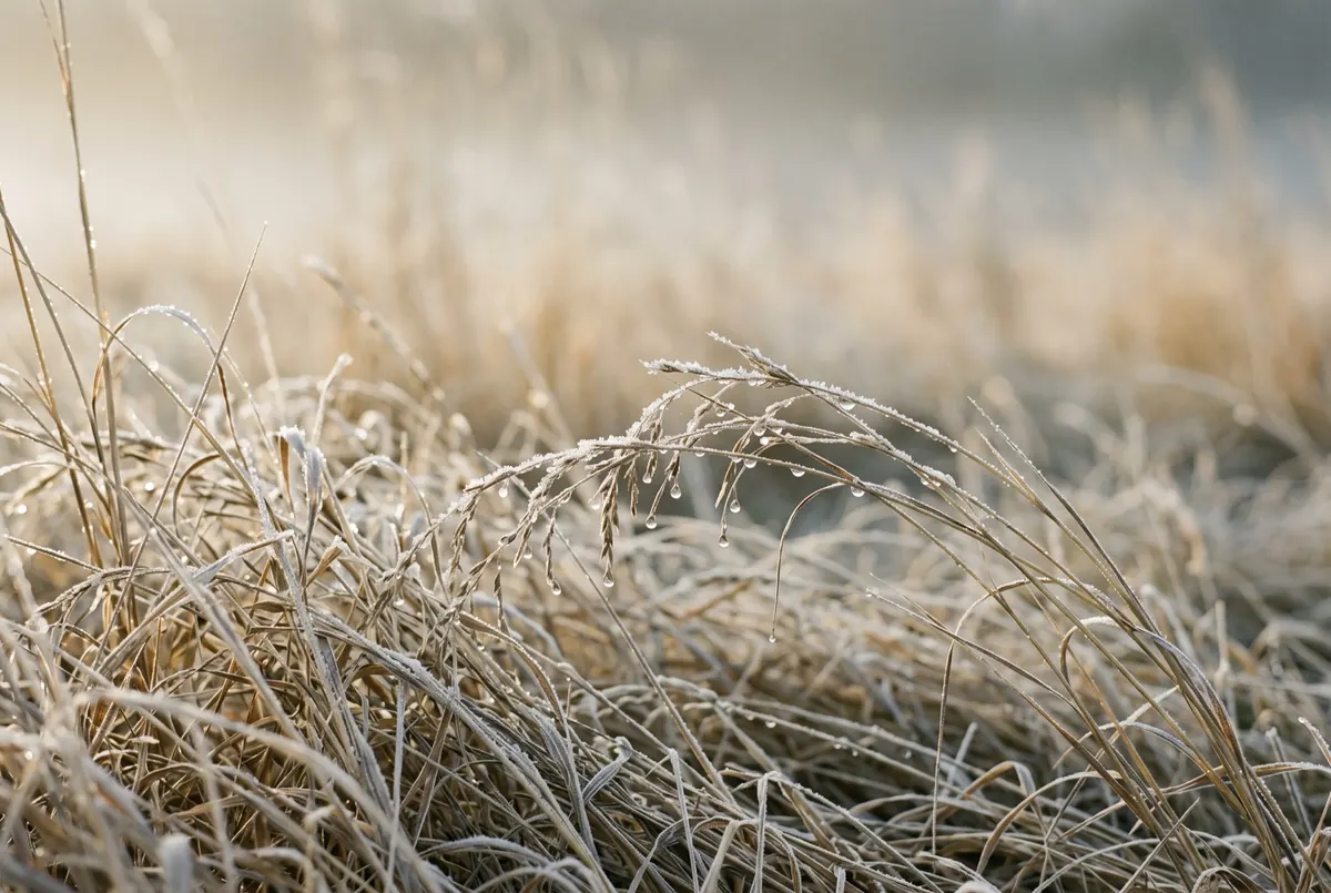 Morning frost thawing on low dry grasses, ice crystals along the blades catching low early sun