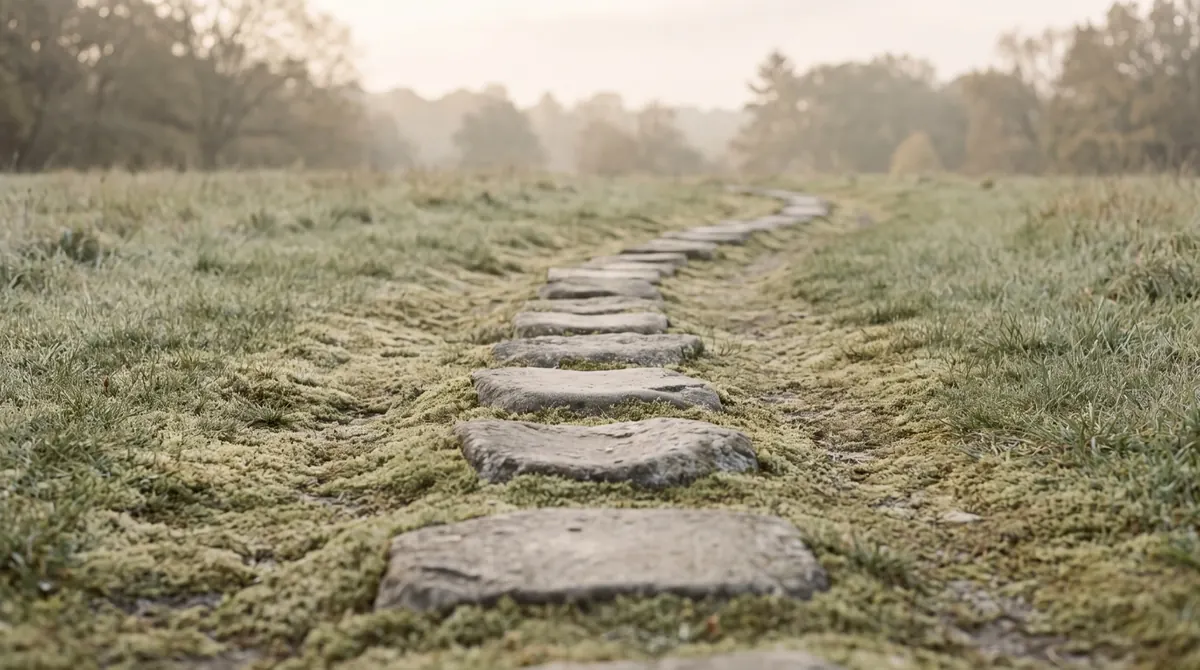 A path of flat weathered stepping stones set into low grass, curving gently out of frame
