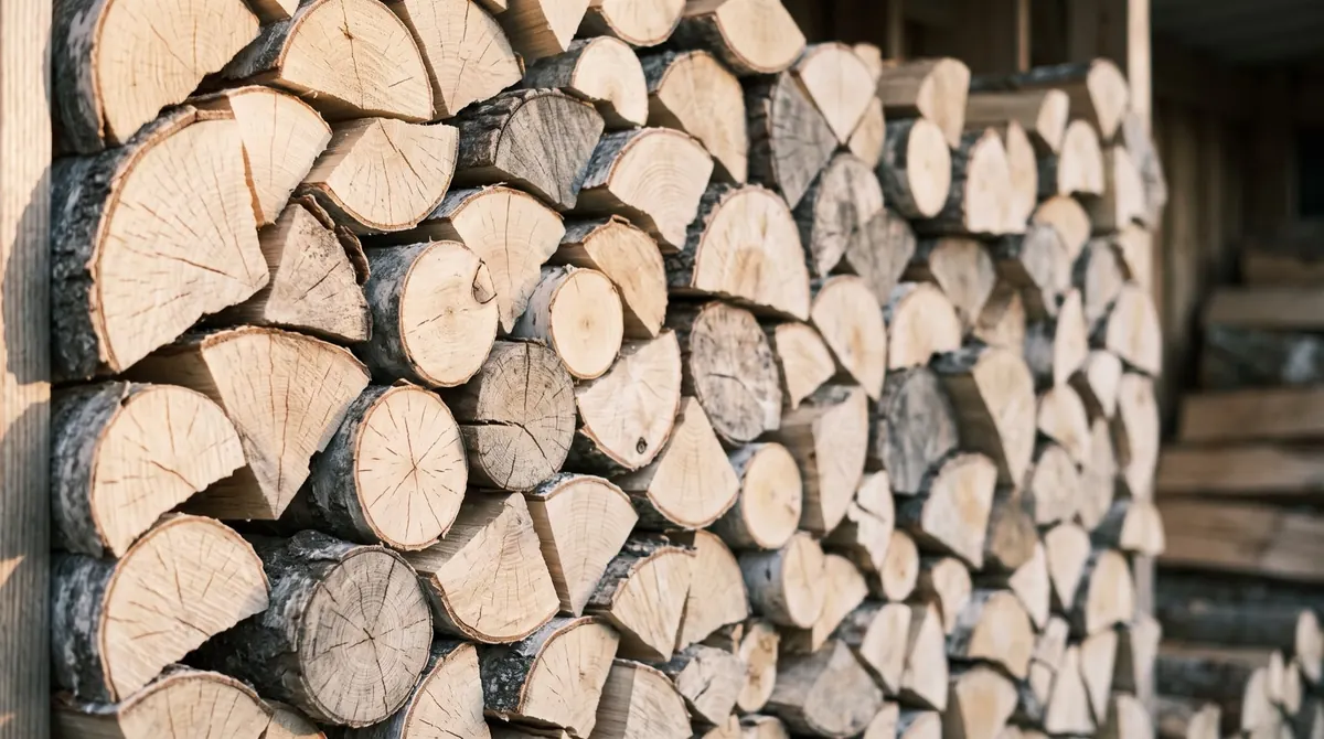 A neatly stacked wall of split birch and pine firewood, the cut end grain catching low warm light